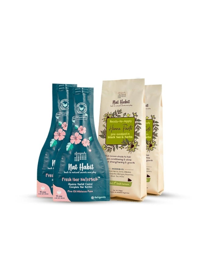 Nat Habit Fresh Ready-To-Apply Henna Paste 220g*2& Five Oil Hibiscus Hair NutriMask 40g*2 - The Ideal Combo For Deep Conditioning Hair With Rich Dark Brown Color (Combo Pack of 4) - Image 1
